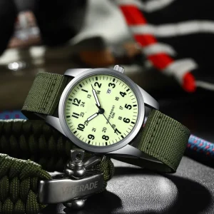 Men’s Military Style Quartz Watch Nylon Strap 50M Water Resistant Black Dial Date Display Outdoor Casual Business 20mm Alloy