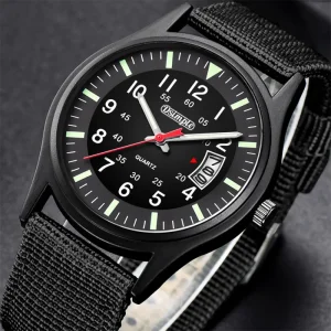 Mens Military Style Sports Watch Luminous Quartz Dial 41mm Nylon Strap Calendar Function Student Friendly Design