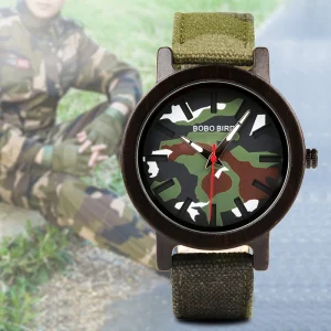 Men’s Minimalist Sport Camouflage Wood Watch with Analog Dial Display and Quartz Movement