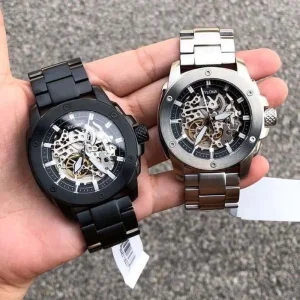 Men’s Modern Mechanical Automatic Black Steel Watch with Skeletonized Dial and Automatic Mechanical Movement