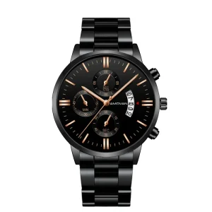 Men’s Multifunction Sport Watch Alloy Mineral Glass Top Quartz Movement Stainless Steel Leather Band Fashion Antique