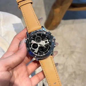Men’s Multifunctional Analog Digital Quartz Wrist Watch Waterproof Leather Chronograph Stop Watch with Alarm Feature for Sports
