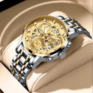 Men’s New Sport Fashion Stainless Steel Watch Skeleton Design Mechanical Style Quartz Movement Calendar Waterproof Wristwatch