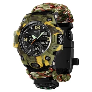 Men’s Outdoor Survival Watch Multifunctional Sports Watch Compass Waterproof Watch Dual Display LED Digital Watch