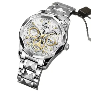 Men’s Quartz Luminous Skeleton Watch Alloy Acrylic Band 44mm Tang Buckle Pointer Dial