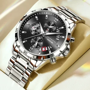 Men’s Quartz Movement Stainless Steel Band Analog Watch Waterproof Luminous 41mm British Fashion Student