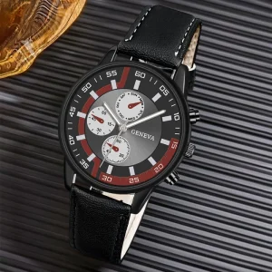 Men’s Quartz Watch Genuine Leather Strap Alloy Case 42mm Pointer Display Eco Friendly Fashion Design