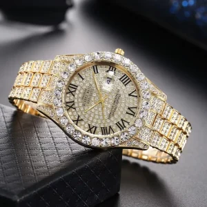 Men’s Quartz Watch Large Colour Dial Full Rhinestone Hip Hop Business Style Calendar Alloy Glass Fashion Jewelry Gift