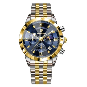 Men’s Quartz Watch Multi-Functional Waterproof Calendar Wristwatch Stainless Steel Moon Phase Chronograph