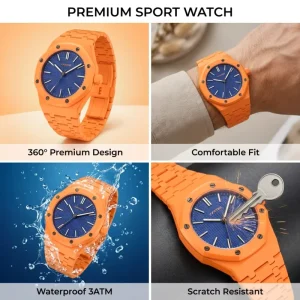 Men’s Quartz Watch Silicone Case & Band Mineral Glass Dial Waterproof Butterfly Clasp Sport & Fashion Style
