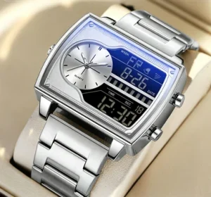 Men’s Quartz Watch Stainless Steel Square Dial Waterproof Sports Watch Alarm Countdown Dual Digital Display