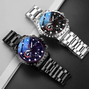 Men’s Quartz Watch Waterproof Luminous Sports Style Stainless Steel Band Trendy and Fashionable Wristwatch