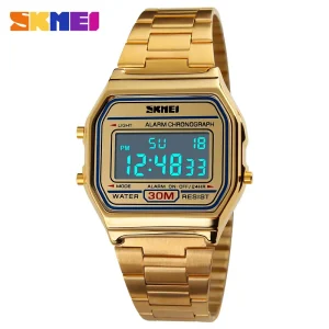 Men’s Retro Digital Electronic Watch Stainless Steel Band Square Case 3BAR Water Resistant Thin Wrist Watch