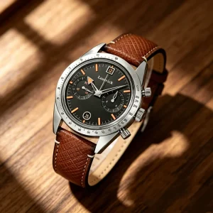 Men’s Retro Mechanical Chronograph Watch Luminous Pointer Brown 21cm Leather Strap 50M Waterproof Casual Style Wristwatch