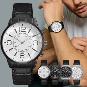 Men’s Simple Business Watch Leather Strap Fashionable Custom Wrist Watches Alloy Case Glass Dial Window Pointer