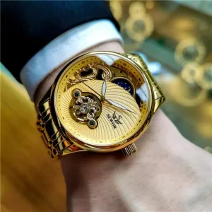Men’s Skeleton Automatic Mechanical Gold Wristwatch