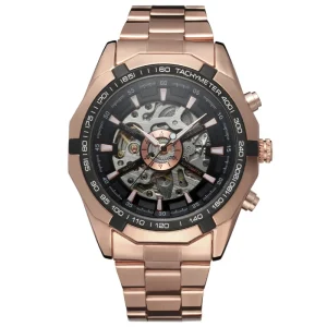 Men’s Skeleton Automatic Mechanical Watch Analog Dial Stainless Steel Band 10 Bar Water Resistant
