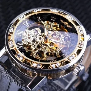 Men’s Skeleton Automatic Mechanical Watch Crystal Bezel Roman Numerals Leather Strap Vintage Luminous Watch