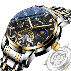 Men’s Skeleton Automatic Mechanical Watch Tourbillon Moon Phase Dial Stainless Steel Waterproof Luminous Business Watch