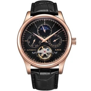 Men’s Skeleton Automatic Mechanical Watch Tourbillon Moon Phase Leather Strap Luxury Business Wristwatch With Double Calendar