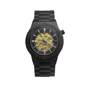 Men’s Skeleton Automatic Mechanical Watch Wood Color Stainless Steel Wooden Bracelet Wrist Watch