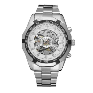 Men’s Skeleton Automatic Watch Analog Power Reserve Mechanical Movement Leather Stainless Steel Band