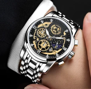 Men’s Skeleton Calendar Tourbillon Quartz Watch Waterproof White Gold Stainless Steel 24mm Sun Moon Star Design