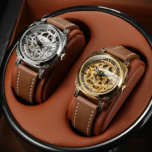 Men’s Skeleton Dial Automatic Mechanical Watch Waterproof Luminous Hollow Design Stainless Steel Wristwatch Diver Leather