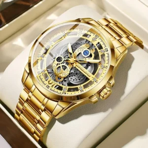 Men’s Skeleton Luminous Quartz Watch Gold Tone Hollow Dial with Crystal Bezel Stainless Steel Waterproof Luxury Dress Wristwatch