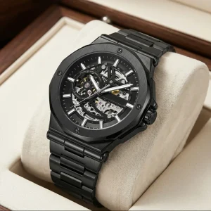 Men’s Skeleton Mechanical Automatic Watch Luxury Stainless Steel Case European American Casual Style 43mm Steel Pointer