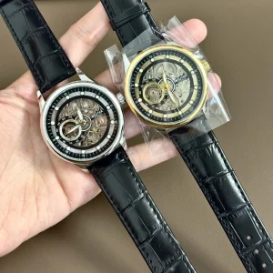 Men’s Skeleton Mechanical Watch Genuine Leather Strap Power Reserve Hollow Out Automatic Watch for Men