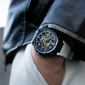 Men’s Skeleton Mechanical Watch Hangzhou Movement Power Reserve Pointer Titanium Case Custom White Rubber Strap