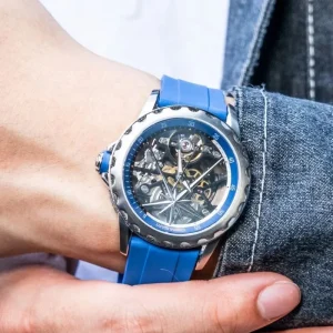 Men’s Skeleton Mechanical Watch Round Sapphire Crystal Glass Stainless Steel Case Rubber Strap