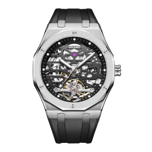 Men’s Skeleton Mechanical Watch Stainless Steel Case Silicone Strap Strong Luminous 3ATM Water Resistant OEM