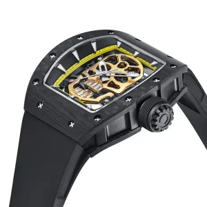 Men’s Skeleton Mechanical Watch Tonneau Carbon Fiber Case Automatic Rubber Strap 5ATM Waterproof Luminous Hands