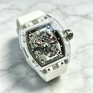 Men’s Skeleton Mechanical Watch Transparent Case White Rubber Strap Sport Wristwatch
