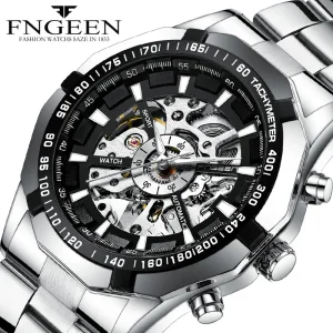 Men’s Skeleton Mechanical Wrist Watch Silver Stainless Steel Transparent Dial Glass