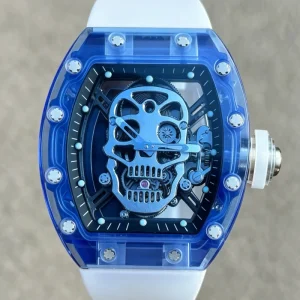 Men’s Skeleton Pointer Automatic Tonneau Rubber Wristwatch Blue Transparent Dial Skull Pattern Casual Sport Watch