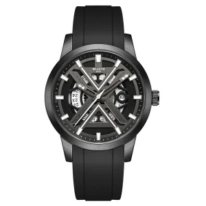 Men’s Skeleton Quartz Watch Black Hollow Dial with 24H Indicator Black Silicone Strap Sporty Casual Waterproof Watch