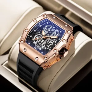 Men’s Skeleton Sports Watch Tonneau Shaped Waterproof Quartz with 43mm Alloy Case