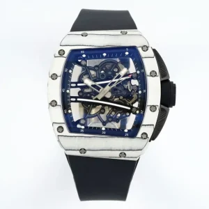 Men’s Skeleton Watch TPT Carbon Fiber Tonneau Case Sports Style Mechanical Watch