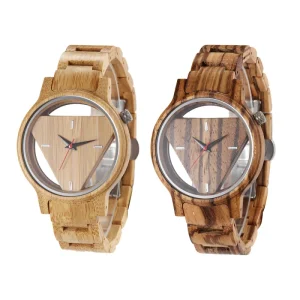 Men’s Skeleton Wooden Quartz Watch with Carbonized Bamboo Zebrawood Band 42mm Glass Dial Pointer Business Style
