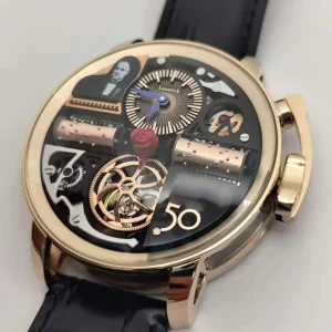 Men’s Skeletonized Watch Stainless Steel Case 49MM Red Rose Dial Mechanical Movement Genuine Leather Strap