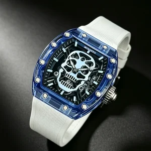 Men’s Skull Skeleton Luminous Chronograph Mechanical Watch Blue Transparent Case White Rubber Strap Luxury Tourbillon Pointer
