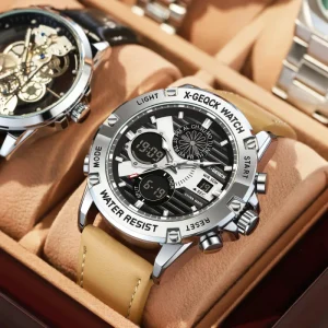 Men’s Sport Alloy Glass Dial Analog Digital Quartz Leather Waterproof Luminous Chronograph Watch Stopwatch Alarm