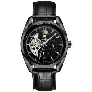 Mens Sport Analog Automatic Mechanical Watch 41.5mm Dial Stainless Steel Case Leather Strap