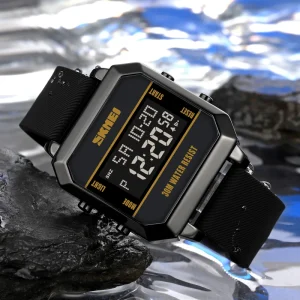 Men’s Sport Digital Watch Square Dial 5ATM Water Resistant Silicone Band Alloy Case