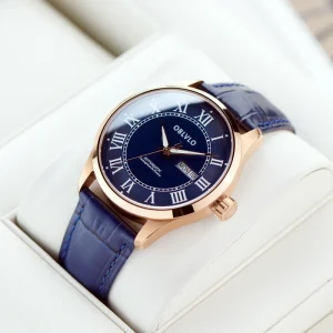 Men’s Sport Luxury Watch Rose Gold Blue Dial Automatic Date Classic Roman Numerals 22mm Leather Strap Mechanical Watch