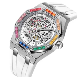 Men’s Sport Mechanical Watch with Silicone Strap and Diamonds