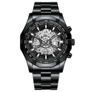 Men’s Sport Quartz Watch with Calendar Window Fashion Skeleton Hollow Dial Stainless Steel Band Waterproof Luminous Watch